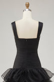 Preto Organza A-Line High-Low Vestido Formal com Folhos Fenda