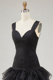 Preto Organza A-Line High-Low Vestido Formal com Folhos Fenda