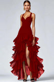 Preto Organza A-Line High-Low Vestido Formal com Folhos Fenda