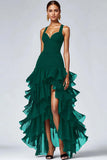Preto Organza A-Line High-Low Vestido Formal com Folhos Fenda