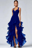 Preto Organza A-Line High-Low Vestido Formal com Folhos Fenda