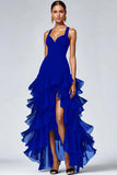 Preto Organza A-Line High-Low Vestido Formal com Folhos Fenda