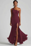 Vestidos Cerimónia com Fenda Chiffon Preto Longo Um Ombro Sereia