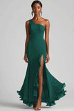 Vestidos Cerimónia com Fenda Chiffon Preto Longo Um Ombro Sereia