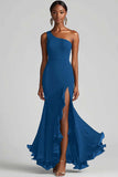 Vestidos Cerimónia com Fenda Chiffon Preto Longo Um Ombro Sereia