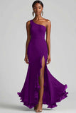 Vestidos Cerimónia com Fenda Chiffon Preto Longo Um Ombro Sereia
