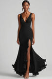 Vestidos Cerimónia com Fenda Preto Longo Decote em V Babado Sereia