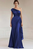 Vestidos Cerimónia Azul Real Longo Um ombro Babados