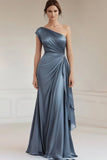 Vestidos Cerimónia Azul Real Longo Um ombro Babados