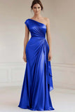 Vestidos Cerimónia Azul Real Longo Um ombro Babados
