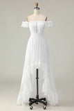 Branco Off The Shoulder Ruffle Vestido de Graduação