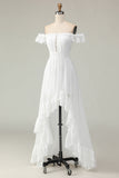 Branco Off The Shoulder Ruffle Vestido de Graduação