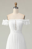 Branco Off The Shoulder Ruffle Vestido de Graduação
