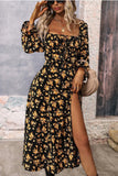 Preto Amarelo Flores Linha-A Pescoço Redondo Longos Vestido Verão