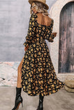Preto Amarelo Flores Linha-A Pescoço Redondo Longos Vestido Verão