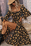 Preto Amarelo Flores Linha-A Pescoço Redondo Longos Vestido Verão