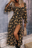 Preto Amarelo Flores Linha-A Pescoço Redondo Longos Vestido Verão