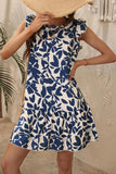 Branco Azul Flores Linha-A Sem Mangas Mini Vestido Verão