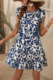Branco Azul Flores Linha-A Sem Mangas Mini Vestido Verão