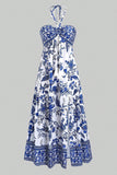 Cabeçada Floral Azul Branco Linha-A Vestido Verão com Fenda