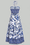 Cabeçada Floral Azul Branco Linha-A Vestido Verão com Fenda