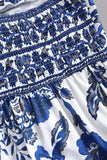 Cabeçada Floral Azul Branco Linha-A Vestido Verão com Fenda