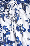Cabeçada Floral Azul Branco Linha-A Vestido Verão com Fenda