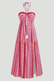 Cabeçada Floral Azul Branco Linha-A Vestido Verão com Fenda