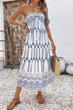 Cabeçada Floral Azul Branco Linha-A Vestido Verão com Fenda