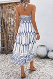 Cabeçada Floral Azul Branco Linha-A Vestido Verão com Fenda