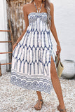 Cabeçada Floral Azul Branco Linha-A Vestido Verão com Fenda