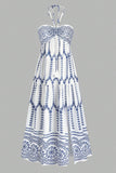 Cabeçada Floral Azul Branco Linha-A Vestido Verão com Fenda