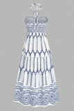 Cabeçada Floral Azul Branco Linha-A Vestido Verão com Fenda