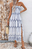 Cabeçada Floral Azul Branco Linha-A Vestido Verão com Fenda