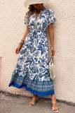 Vestido de Verão com Mangas Curtas Flor Azul Branco Linha-A