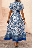 Vestido de Verão com Mangas Curtas Flor Azul Branco Linha-A