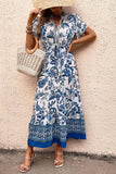 Vestido de Verão com Mangas Curtas Flor Azul Branco Linha-A