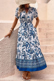 Vestido de Verão com Mangas Curtas Flor Azul Branco Linha-A