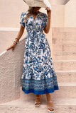 Vestido de Verão com Mangas Curtas Flor Azul Branco Linha-A