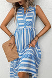 Vestido de Verão Azul Branco Midi Linha-A Decote em V