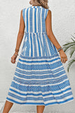 Vestido de Verão Azul Branco Midi Linha-A Decote em V