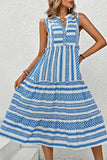 Vestido de Verão Azul Branco Midi Linha-A Decote em V