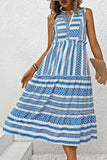 Vestido de Verão Azul Branco Midi Linha-A Decote em V