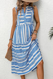 Vestido de Verão Azul Branco Midi Linha-A Decote em V