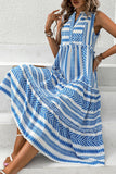 Vestido de Verão Azul Branco Midi Linha-A Decote em V