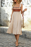 Vestido Verão com Arco Pescoço Quadrado Khaki Claro Midi Linha-A