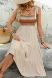 Vestido Verão com Arco Pescoço Quadrado Khaki Claro Midi Linha-A