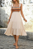 Vestido Verão com Arco Pescoço Quadrado Khaki Claro Midi Linha-A