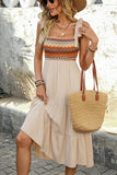 Vestido Verão com Arco Pescoço Quadrado Khaki Claro Midi Linha-A