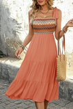 Vestido Verão com Arco Pescoço Quadrado Khaki Claro Midi Linha-A